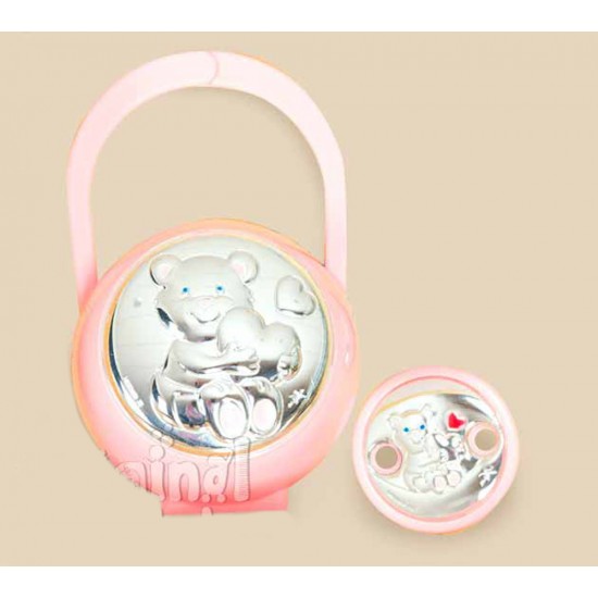 Estuche porta chupetes y pinza rosa de plata|Originalbaby Estuche porta chupetes y pinza rosa de plata